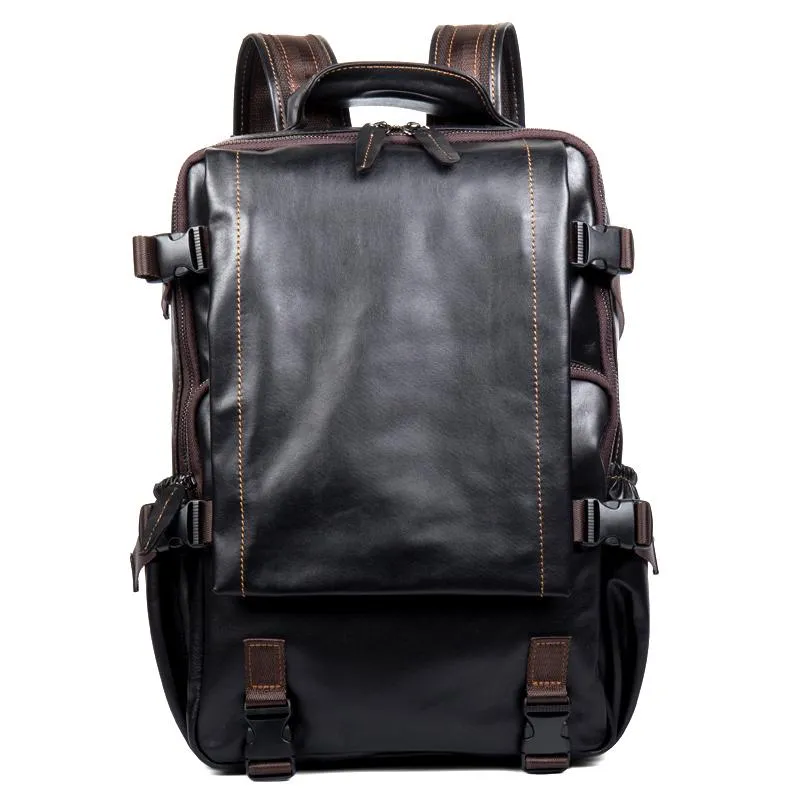 Black Fashion Mens Leather 14-inch Computer Backpacks Cool Travel Backpack School Backpack for men