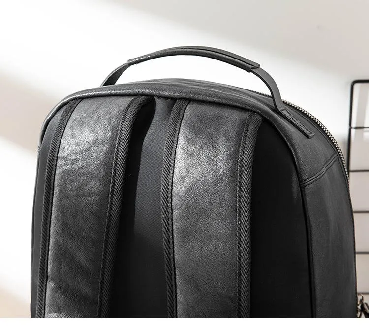 Black Fashion Mens Leather 15-inch Computer Backpacks Travel Backpacks Black College Backpack for men