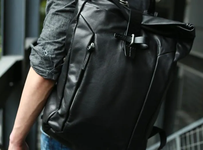 Black Leather Mens Backpacks Travel Backpacks Laptop Backpack for men