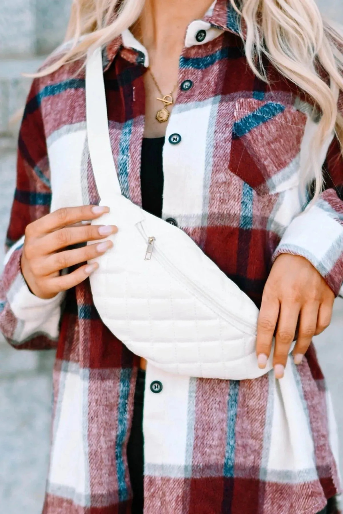 Faux Leather Quilted Zipped Chest Bag White