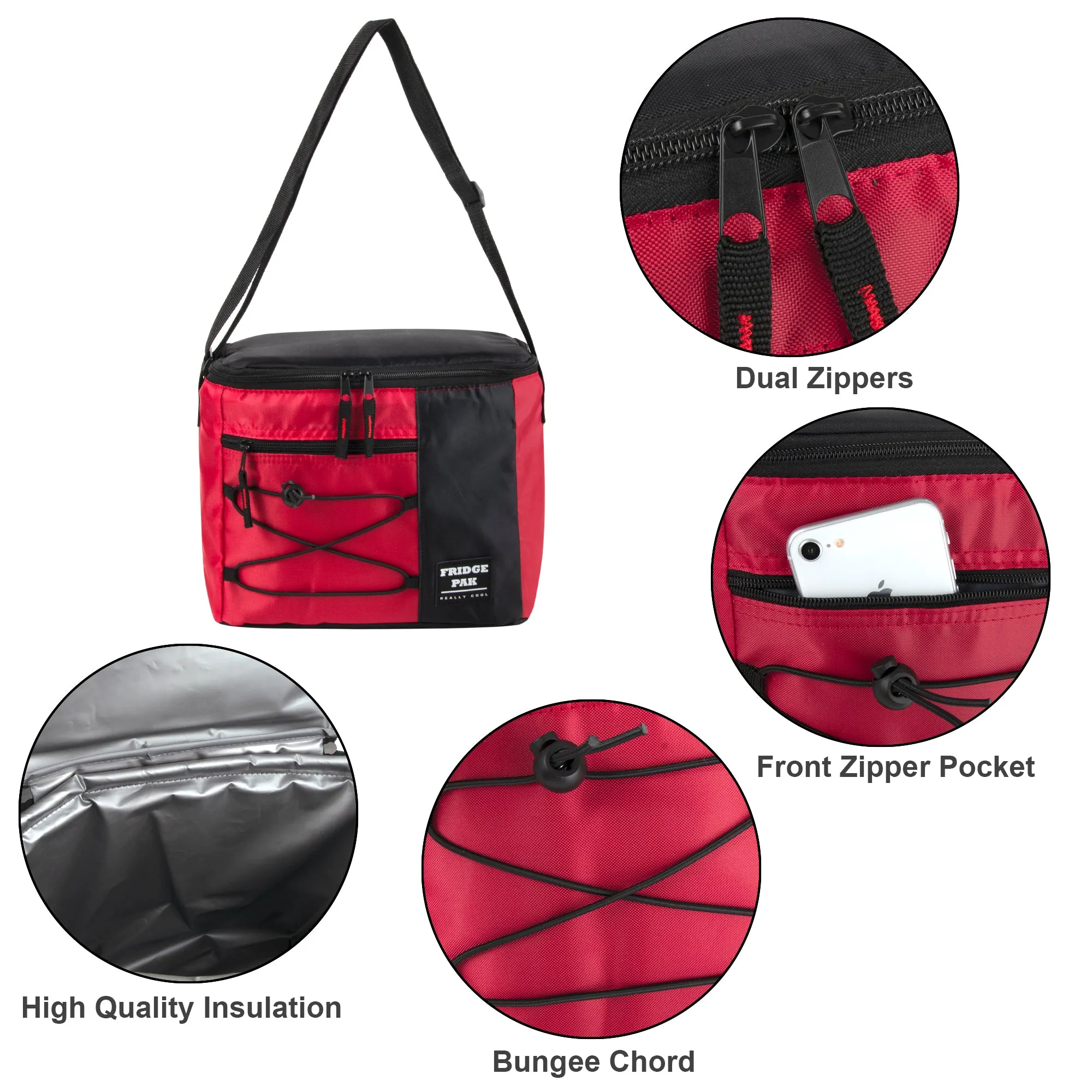 Fridge Pak 12 Can Bungee Cooler Bag With Front Zippered Pocket - 4 Colors