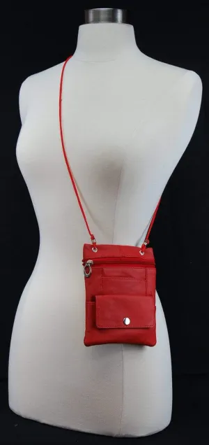 Genuine Leather Cross Body Bag With Front Button Pocket Red