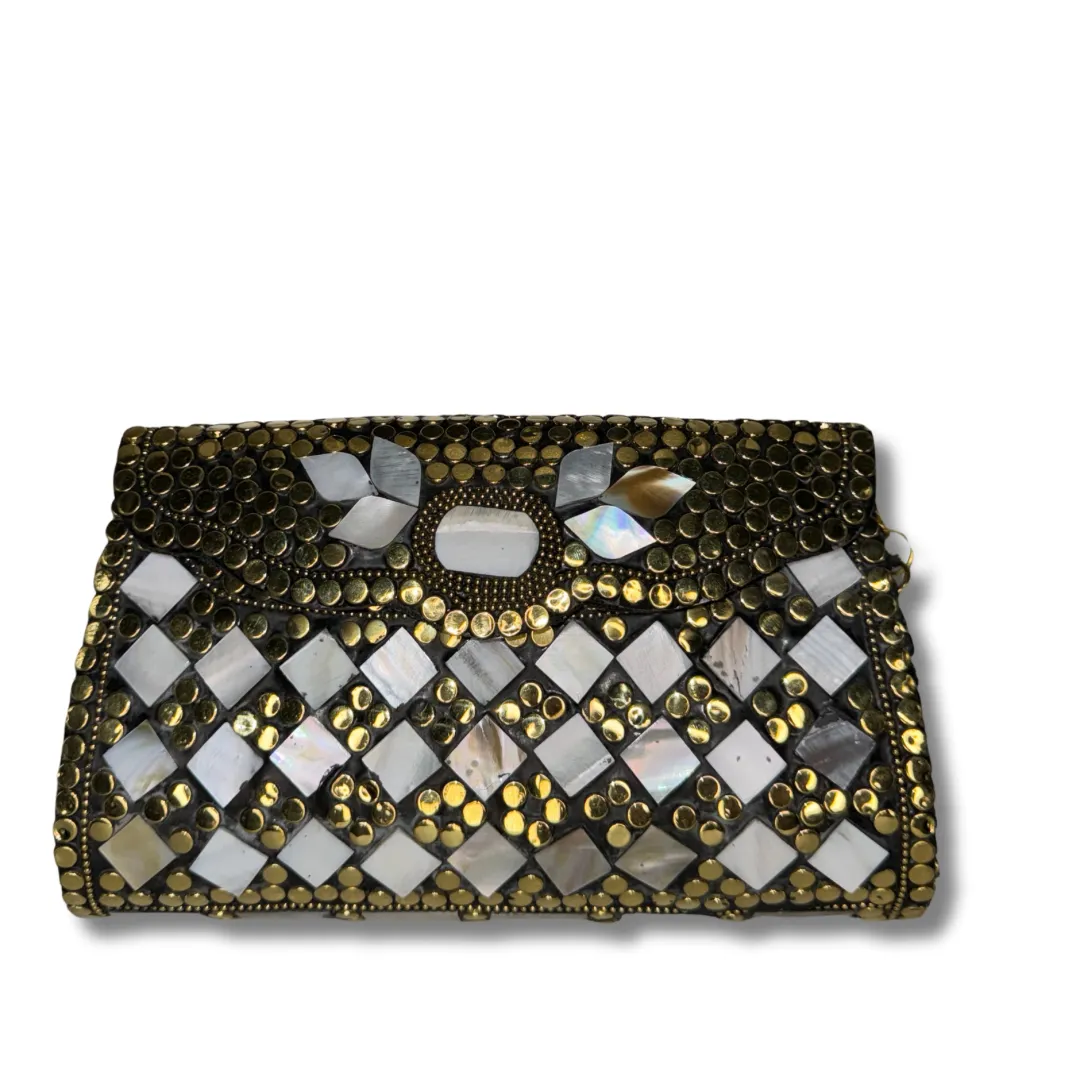 Hardshell Clutch Bag - White Diamond & Gold