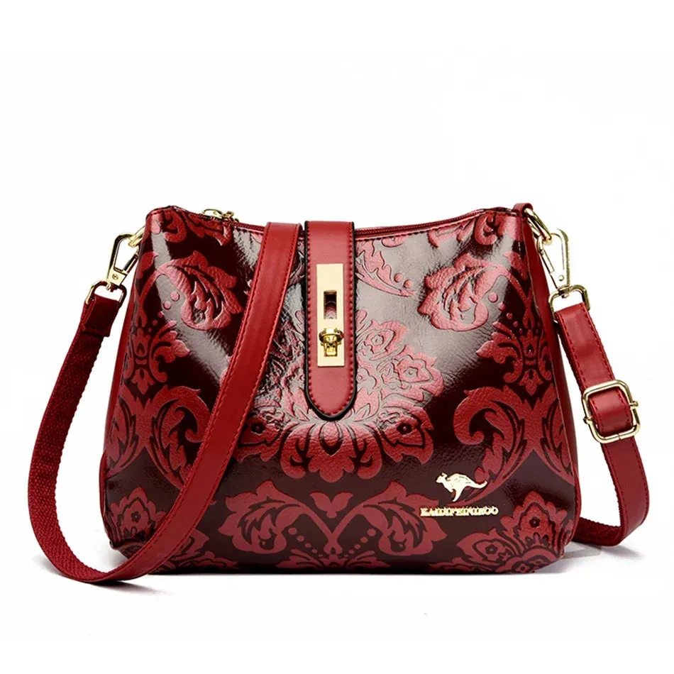 Luxurious 3-Layer Microfiber Shoulder Bag with Floral and Sequined Embellishments.