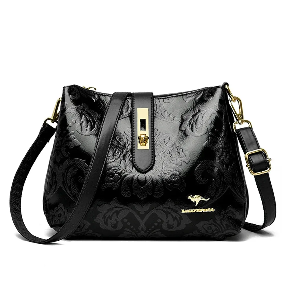 Luxurious 3-Layer Microfiber Shoulder Bag with Floral and Sequined Embellishments.