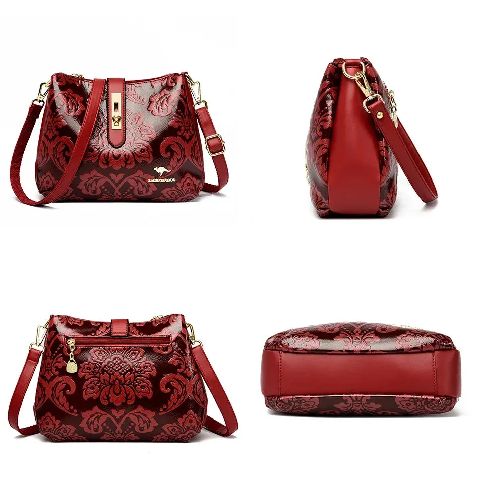 Luxurious 3-Layer Microfiber Shoulder Bag with Floral and Sequined Embellishments.