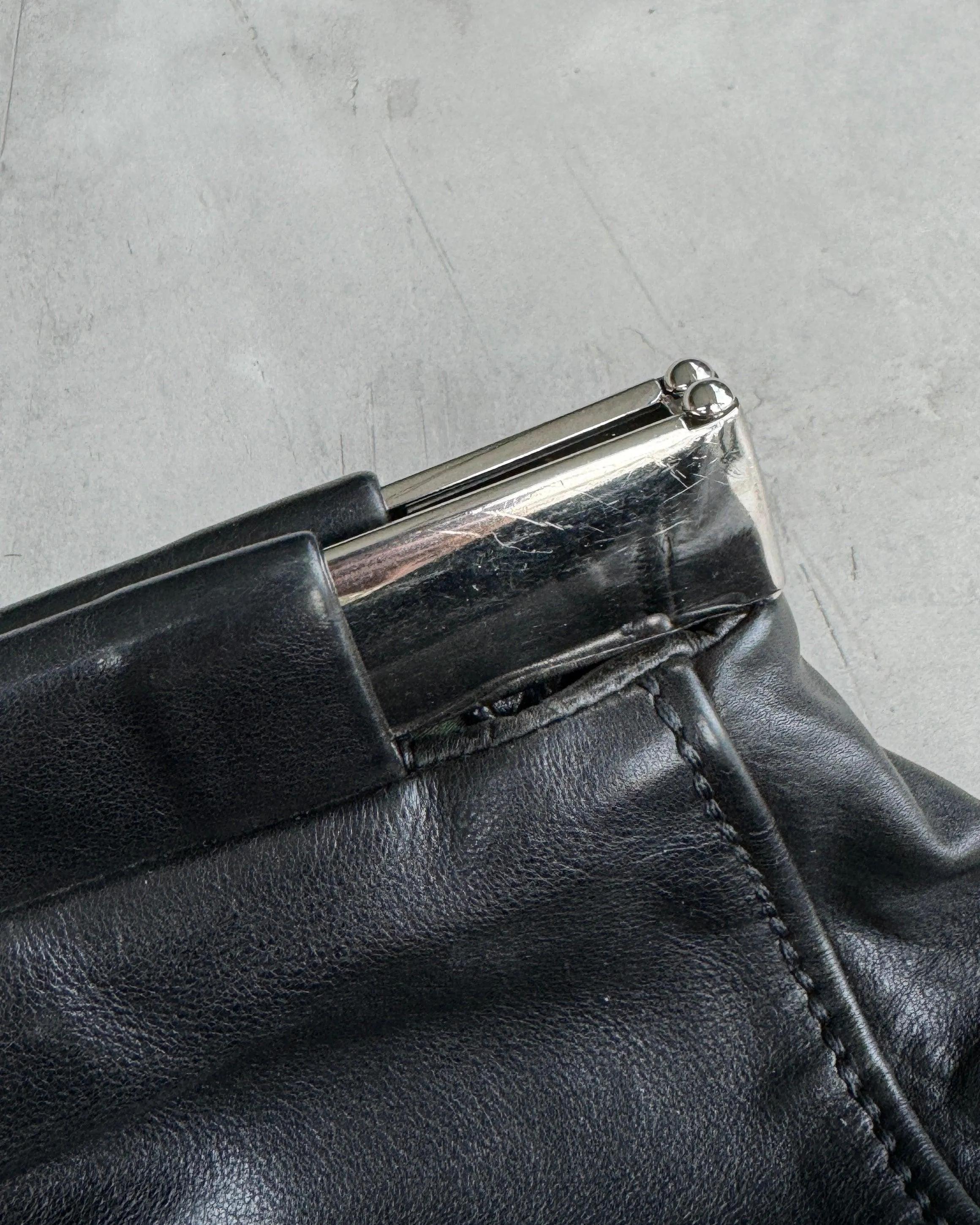 MIU MIU 90'S BLACK LEATHER & CHROME BAR SHOULDER BAG