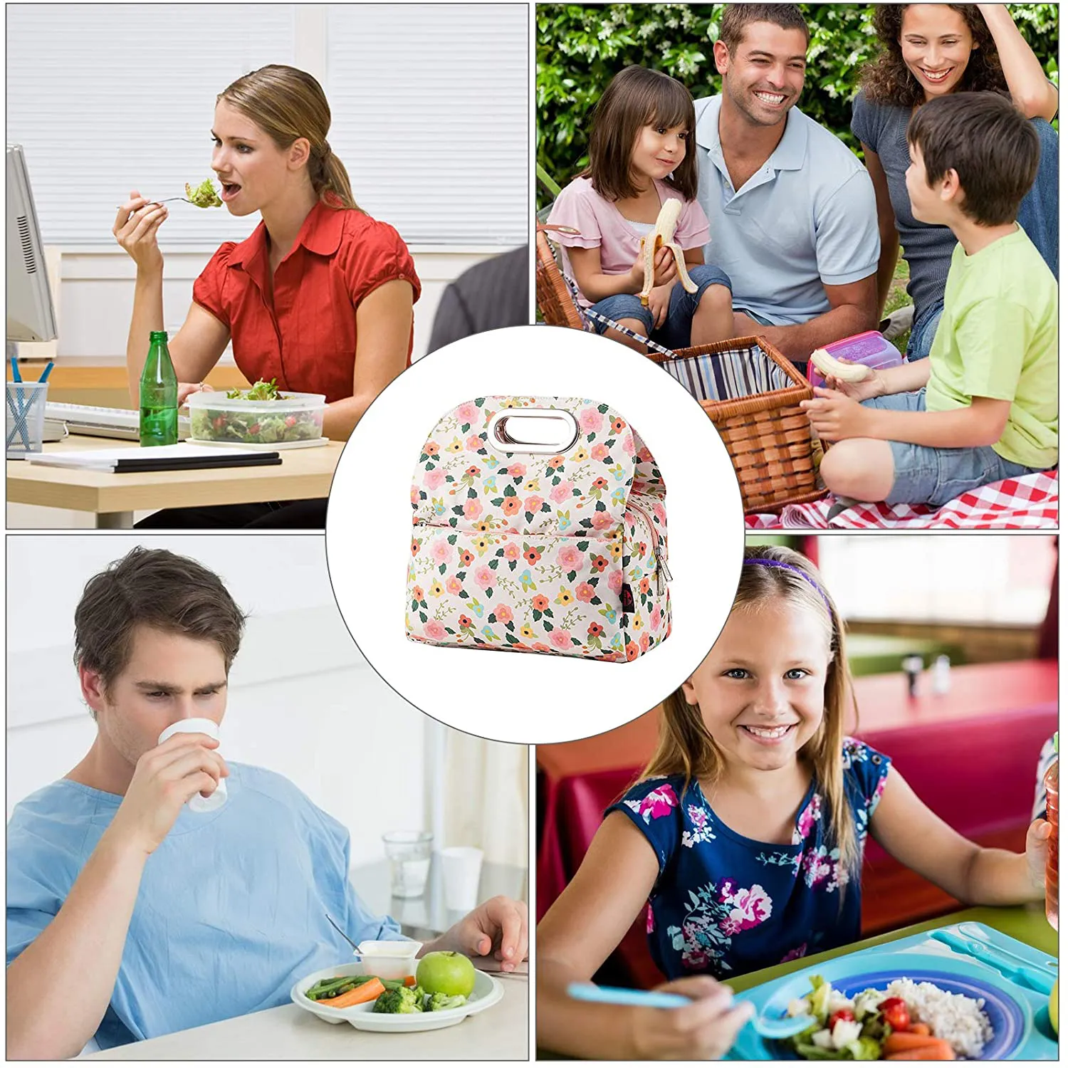 MOV COMPRA Reusable Insulated Small Lunch Bags for Women Printed Cooler Tote Box with Back Pocket Zipper Closure for Woman Work Picnic or Travel (NEW FLOWER)