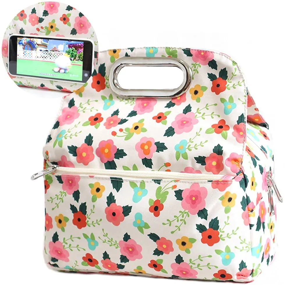 MOV COMPRA Reusable Insulated Small Lunch Bags for Women Printed Cooler Tote Box with Back Pocket Zipper Closure for Woman Work Picnic or Travel (NEW FLOWER)