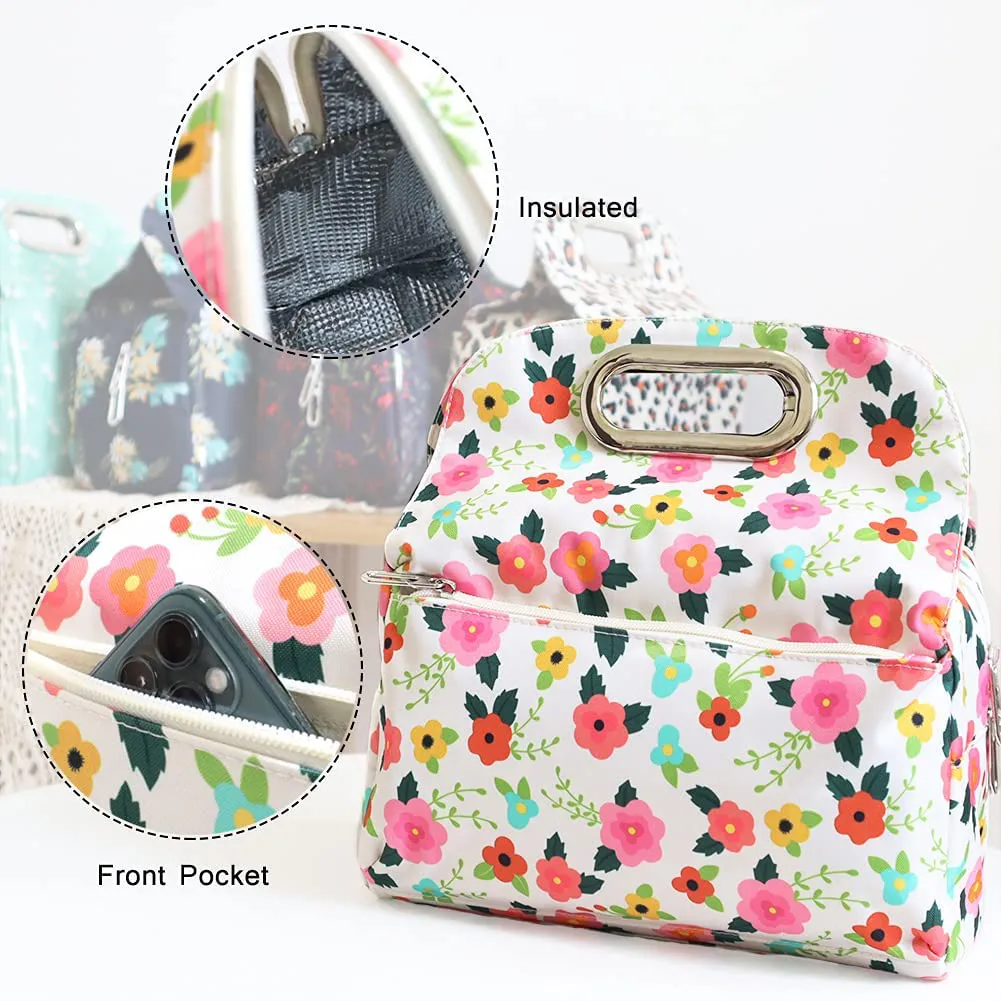 MOV COMPRA Reusable Insulated Small Lunch Bags for Women Printed Cooler Tote Box with Back Pocket Zipper Closure for Woman Work Picnic or Travel (NEW FLOWER)