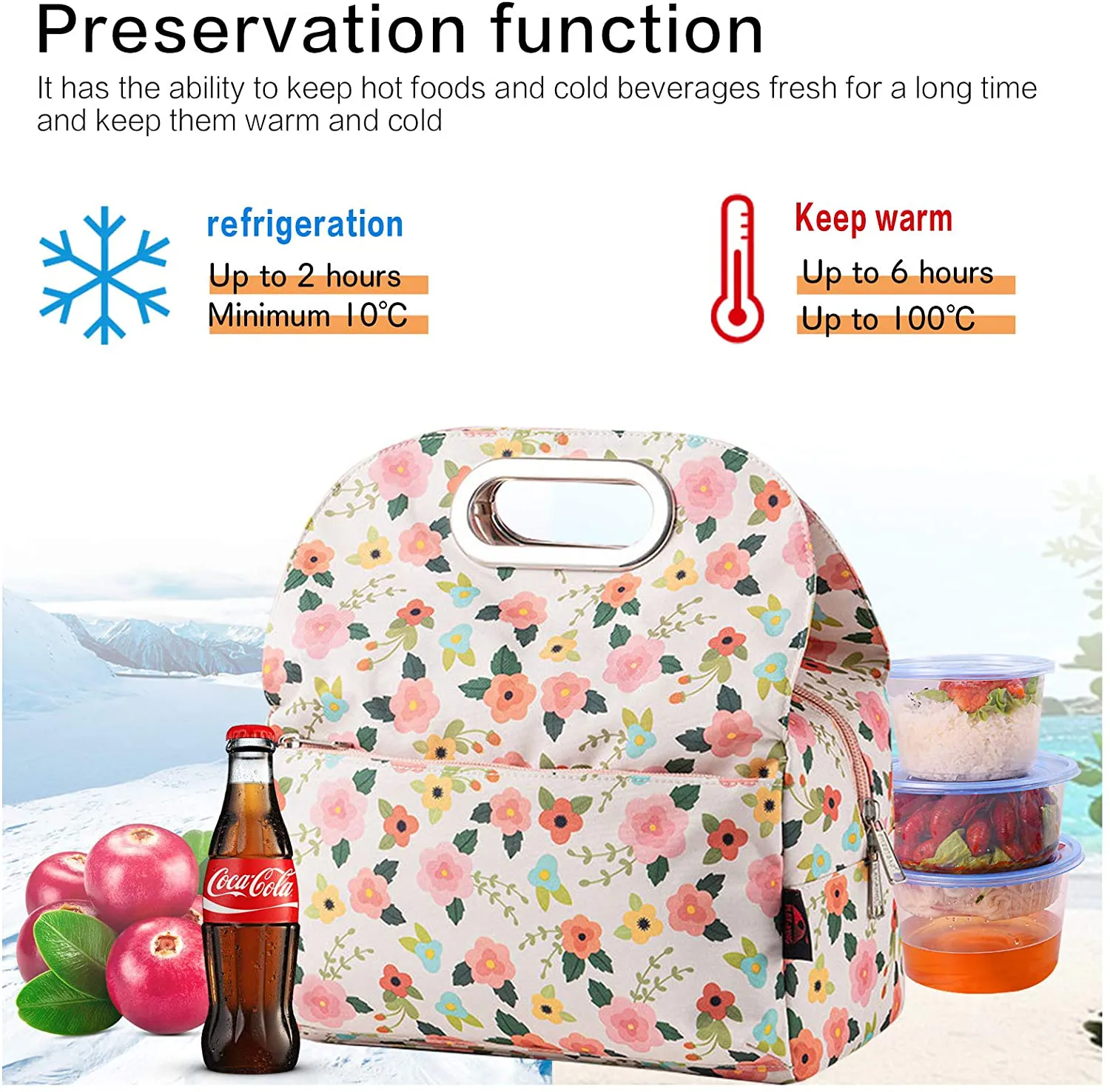 MOV COMPRA Reusable Insulated Small Lunch Bags for Women Printed Cooler Tote Box with Back Pocket Zipper Closure for Woman Work Picnic or Travel (NEW FLOWER)