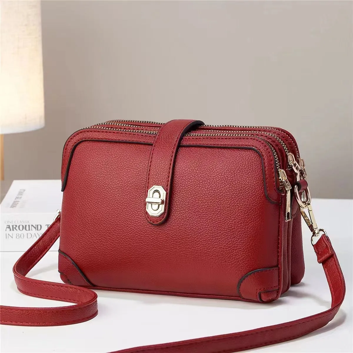 Multi-layer Lychee Pattern Simple Texture Soft Leather Western Style Multi-functional Shoulder Crossbody Small Square Bag