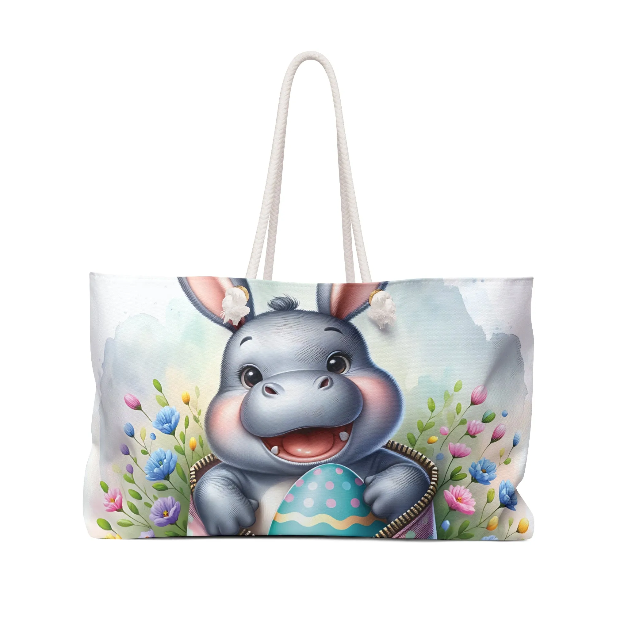 Personalised/Non-Personalised Weekender Bag, Easter, Cute Hippo, Large Weekender Bag, Beach Bag, Book Bag