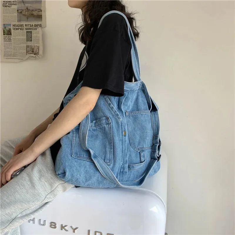 Sohiwoo Denim Shoulder Bags for Women Casual Jeans Bags Designer Tote Crosbody Luxury Handbags Denim Shopping Bag Bolsos Para Mujer