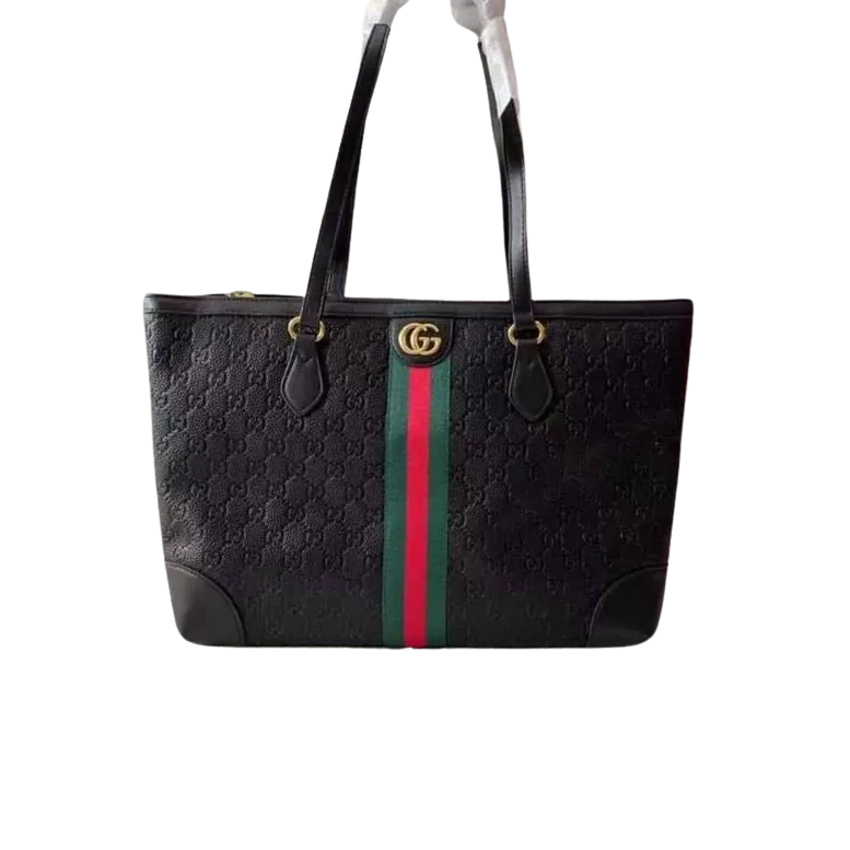 Stylish Black Tote Bag with Bold Green and Red Stripe