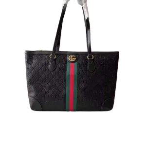 Stylish Black Tote Bag with Bold Green and Red Stripe