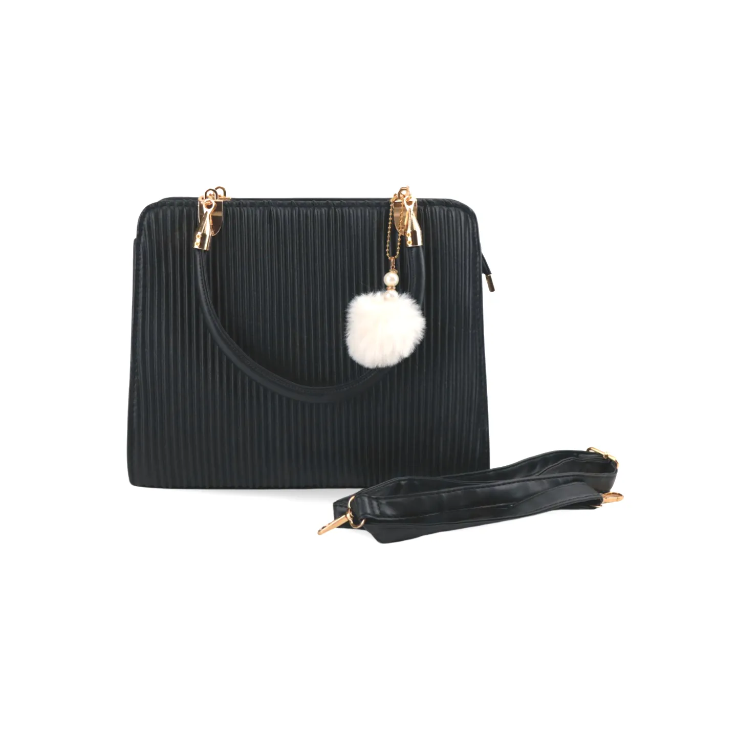 Stylish Satchel Handbag with Chic Pearl and Pom Pom Accents