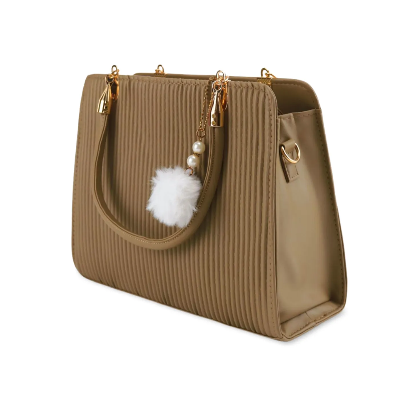 Stylish Satchel Handbag with Chic Pearl and Pom Pom Accents