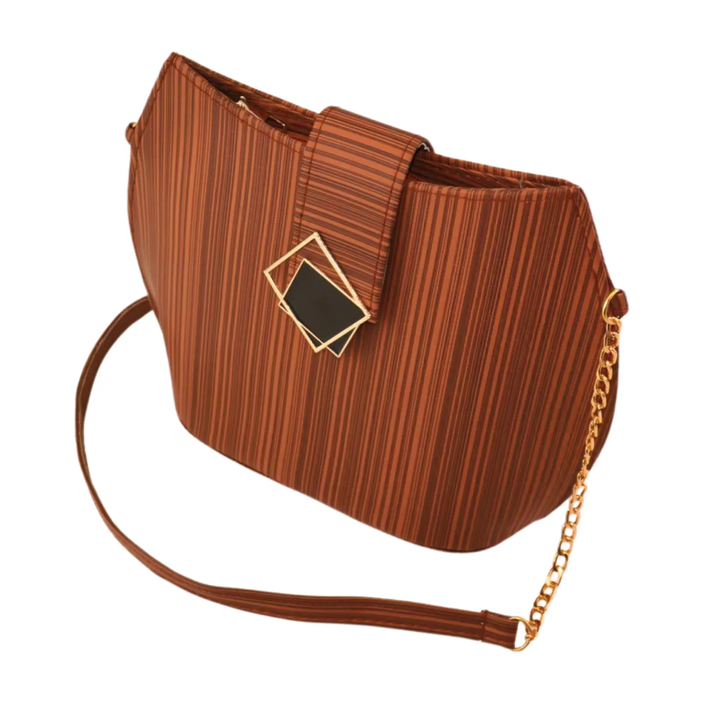 Stylish Striped Shoulder Purse with Gold Chain and Square Buckle