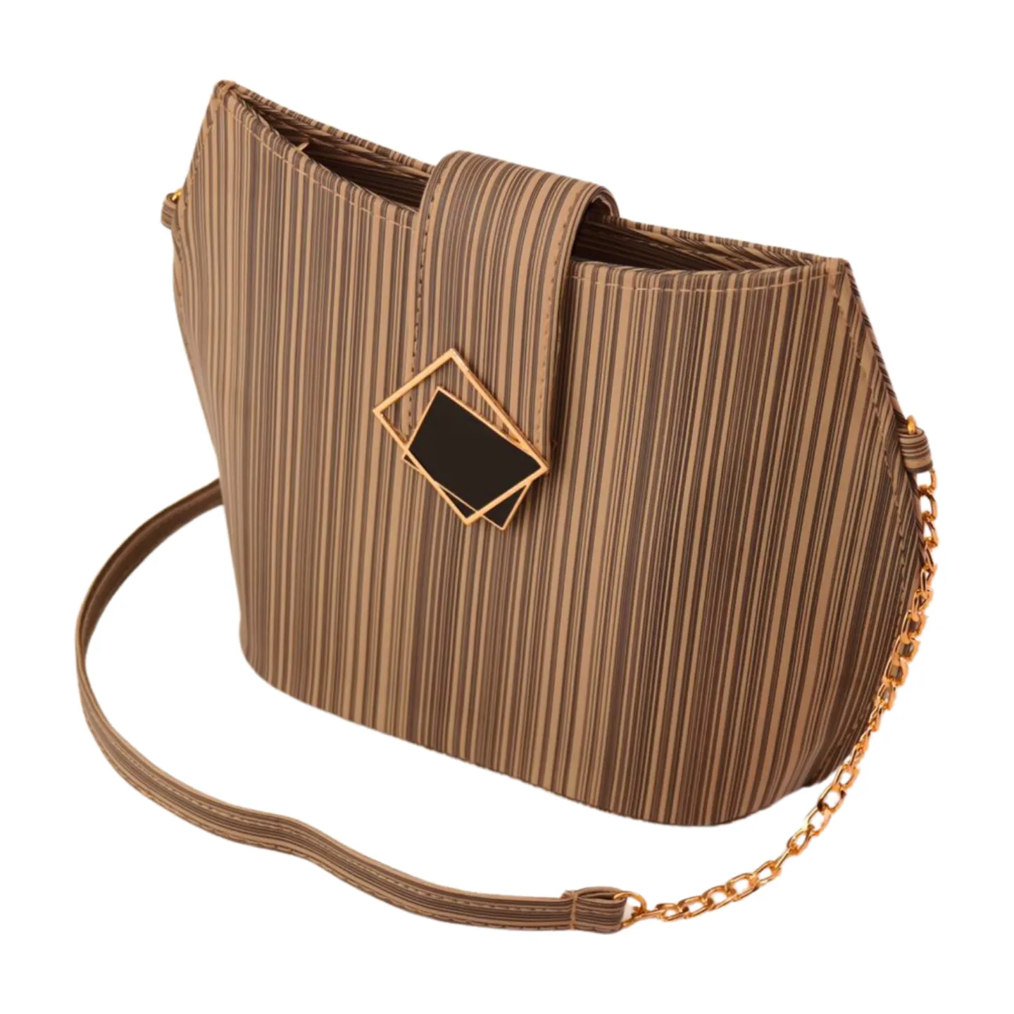 Stylish Striped Shoulder Purse with Gold Chain and Square Buckle