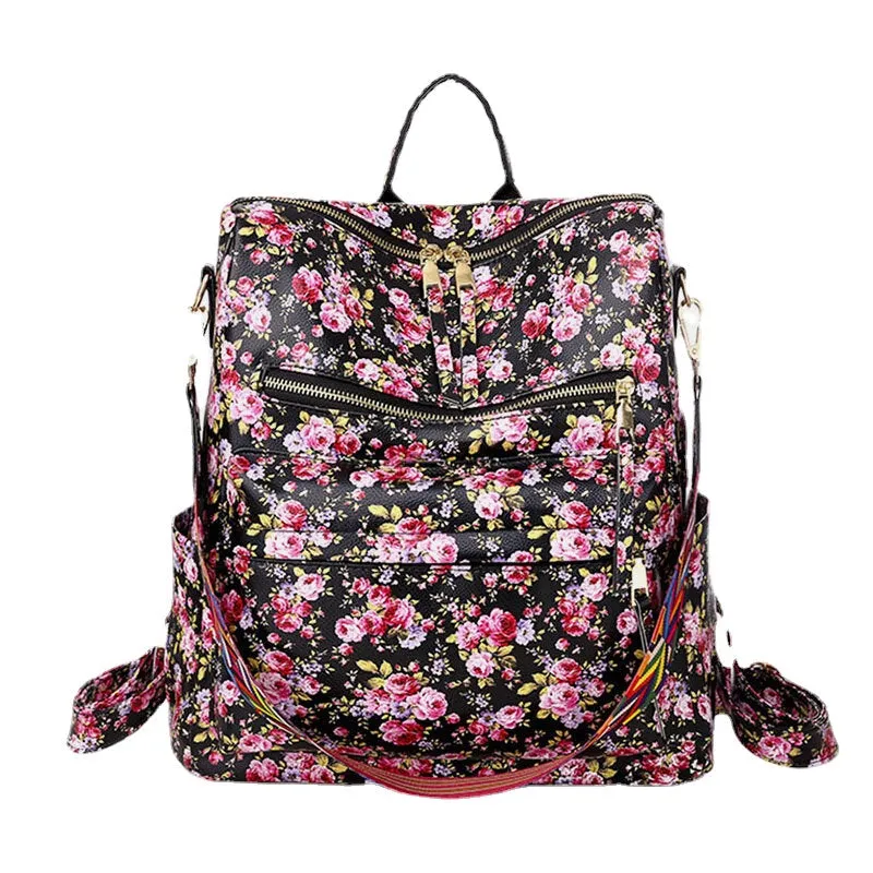 Women Faux Leather Leopard And Flowers Pattern Fashion Casual Backpack