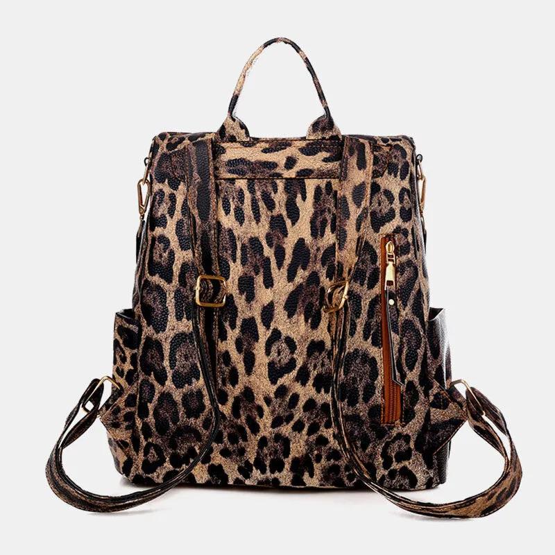 Women Faux Leather Leopard And Flowers Pattern Fashion Casual Backpack