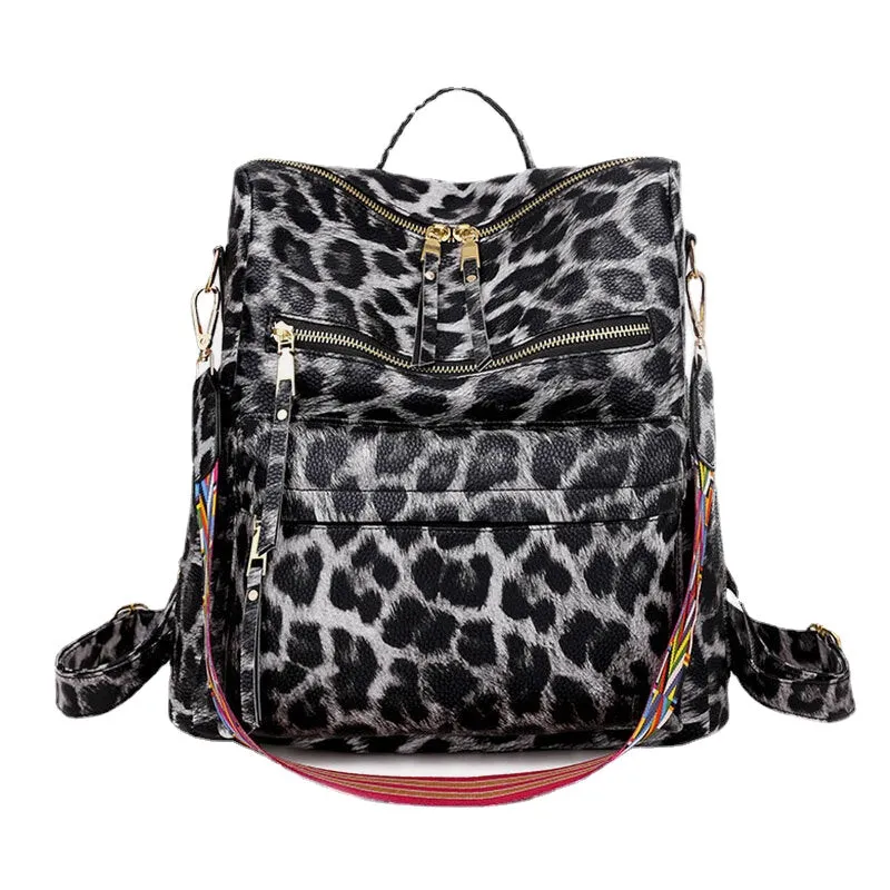 Women Faux Leather Leopard And Flowers Pattern Fashion Casual Backpack