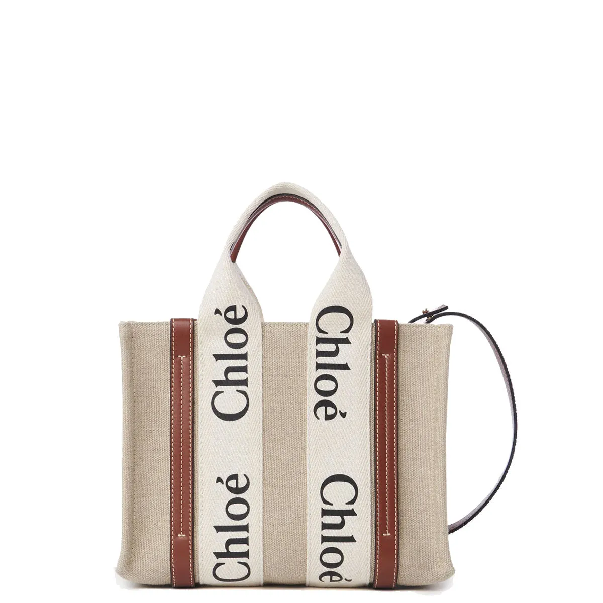 Woody Tote Small Strap Linen, White/Brown