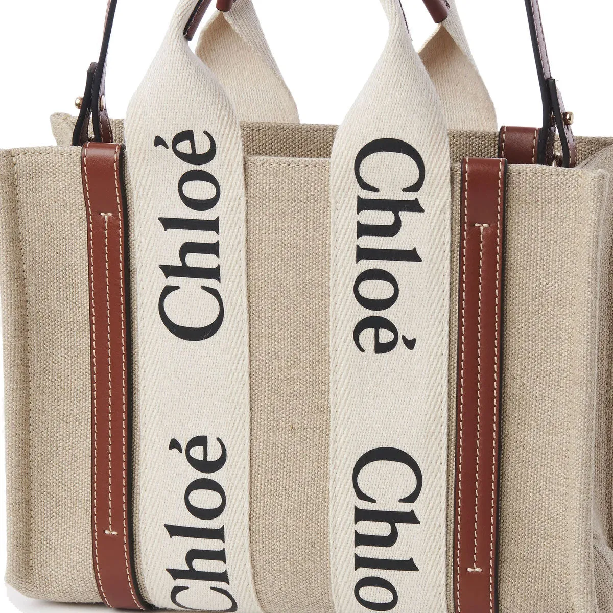 Woody Tote Small Strap Linen, White/Brown