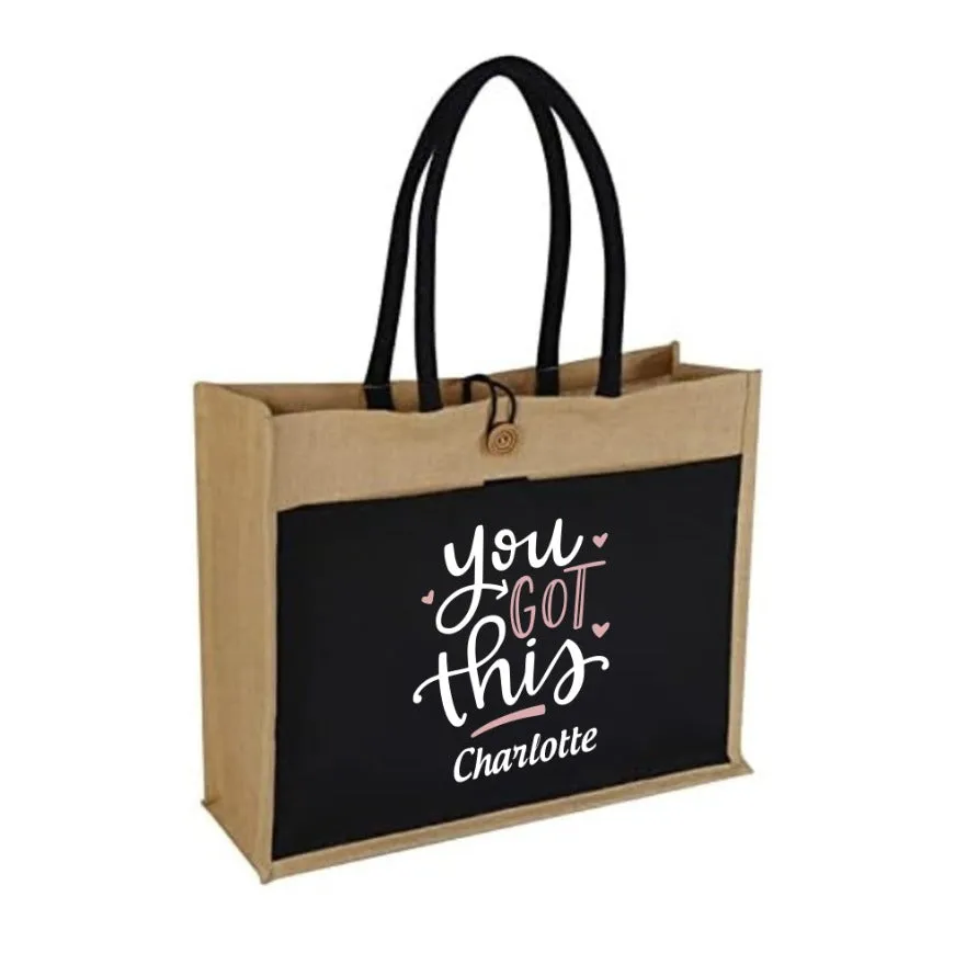 You Got This! Shopping Jute Bag With Black Canvas Pocket